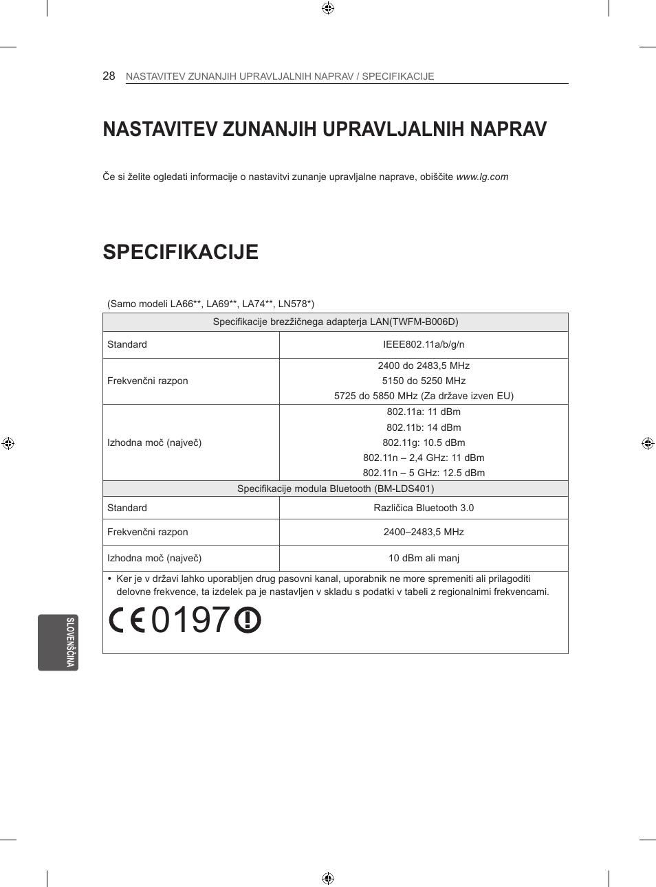 Specifikacije, Nastavitev zunanjih upravljalnih naprav | LG 50LN575S User Manual | Page 282 / 328