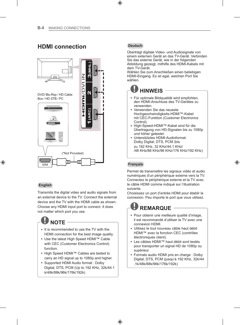 Hdmi connection, Hinweis, Remarque | LG 50LN575S User Manual | Page 288 / 328