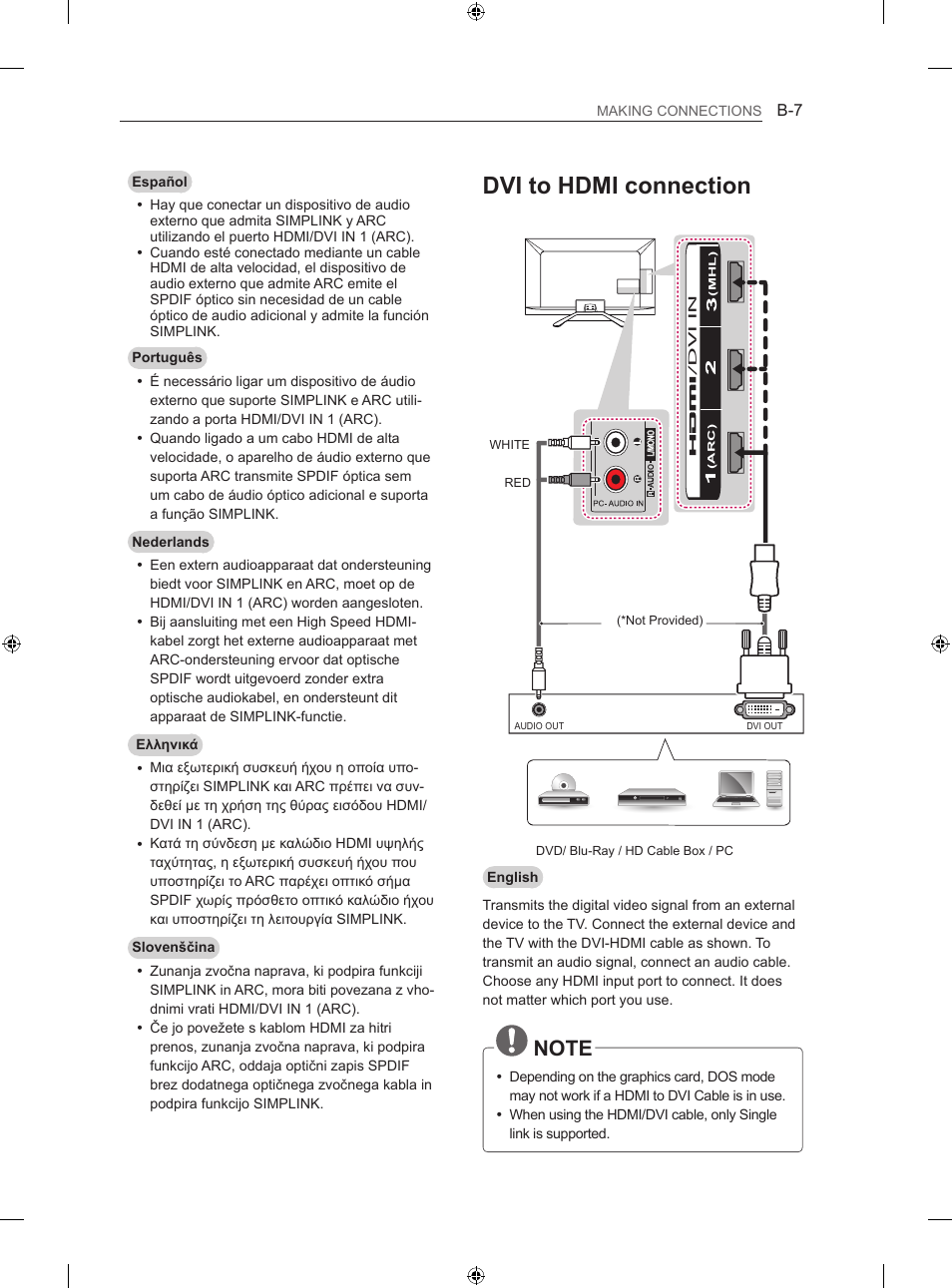 Dvi to hdmi connection | LG 50LN575S User Manual | Page 291 / 328