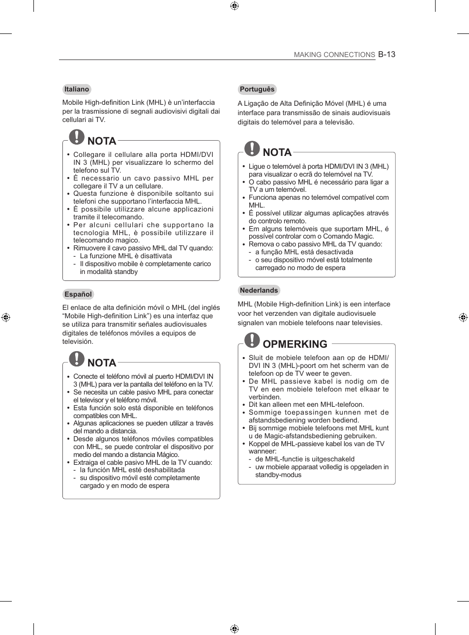 Nota, Opmerking | LG 50LN575S User Manual | Page 297 / 328