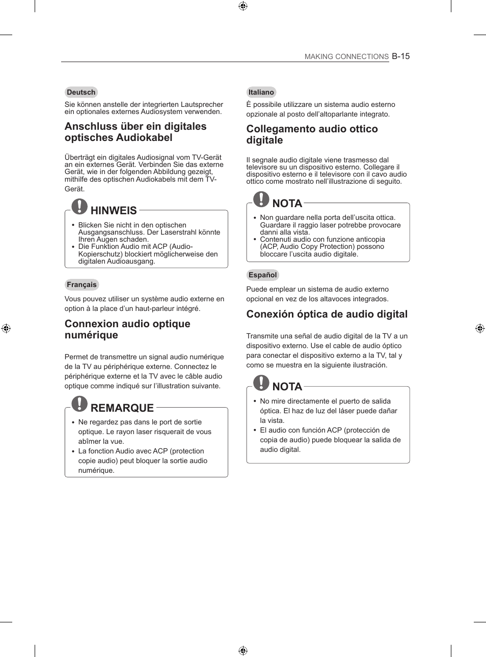 Hinweis, Remarque, Nota | Anschluss über ein digitales optisches audiokabel, Connexion audio optique numérique, Collegamento audio ottico digitale, Conexión óptica de audio digital | LG 50LN575S User Manual | Page 299 / 328