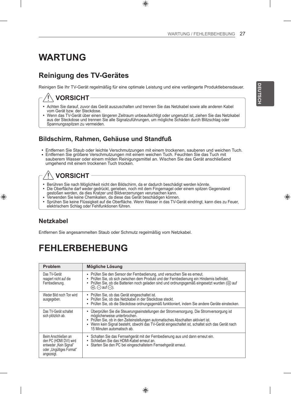 Wartung, Fehlerbehebung, Reinigung des tv-gerätes | Vorsicht, Bildschirm, rahmen, gehäuse und standfuß, Netzkabel | LG 50LN575S User Manual | Page 63 / 328