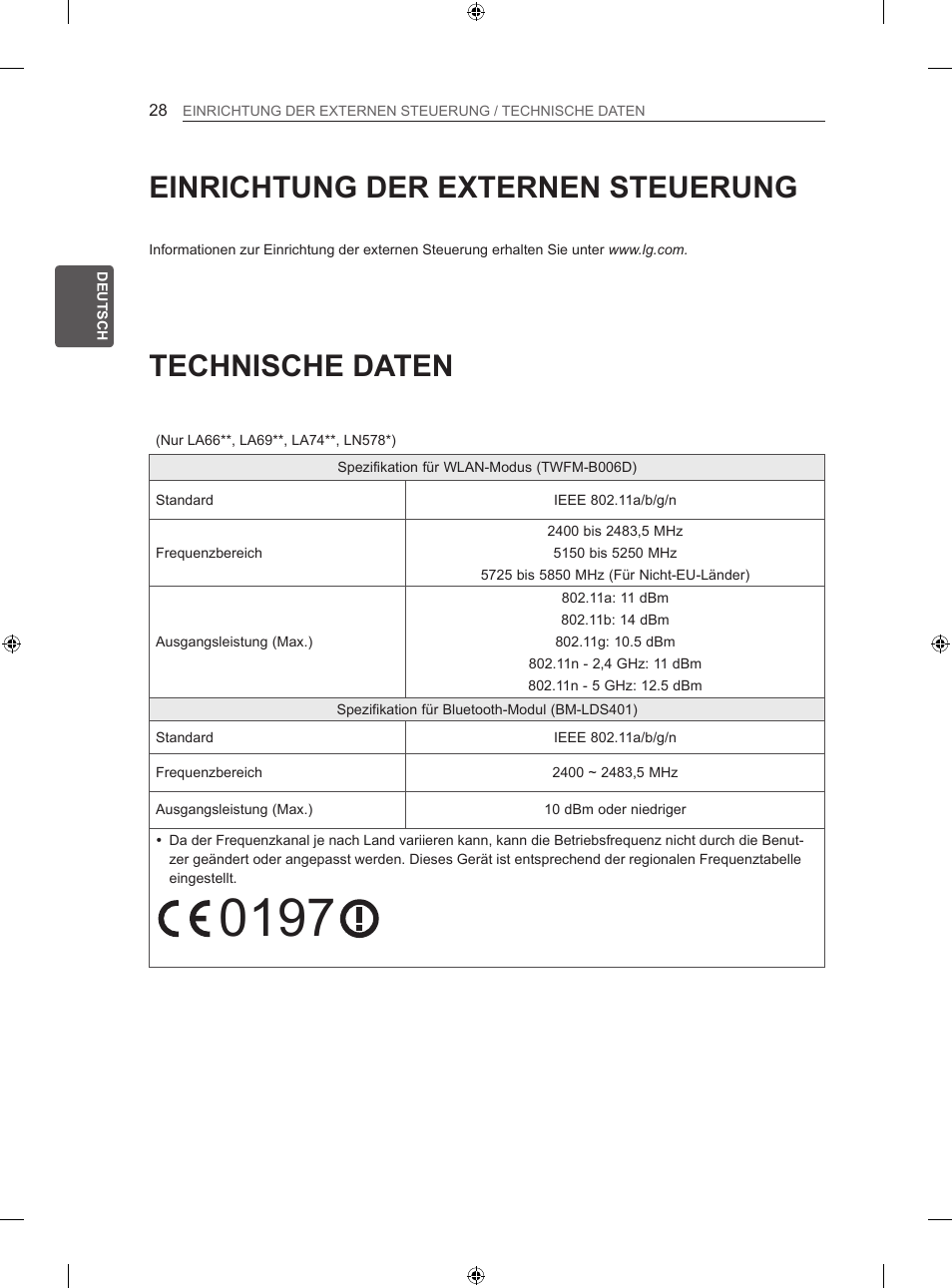 Technische daten, Einrichtung der externen steuerung | LG 50LN575S User Manual | Page 64 / 328