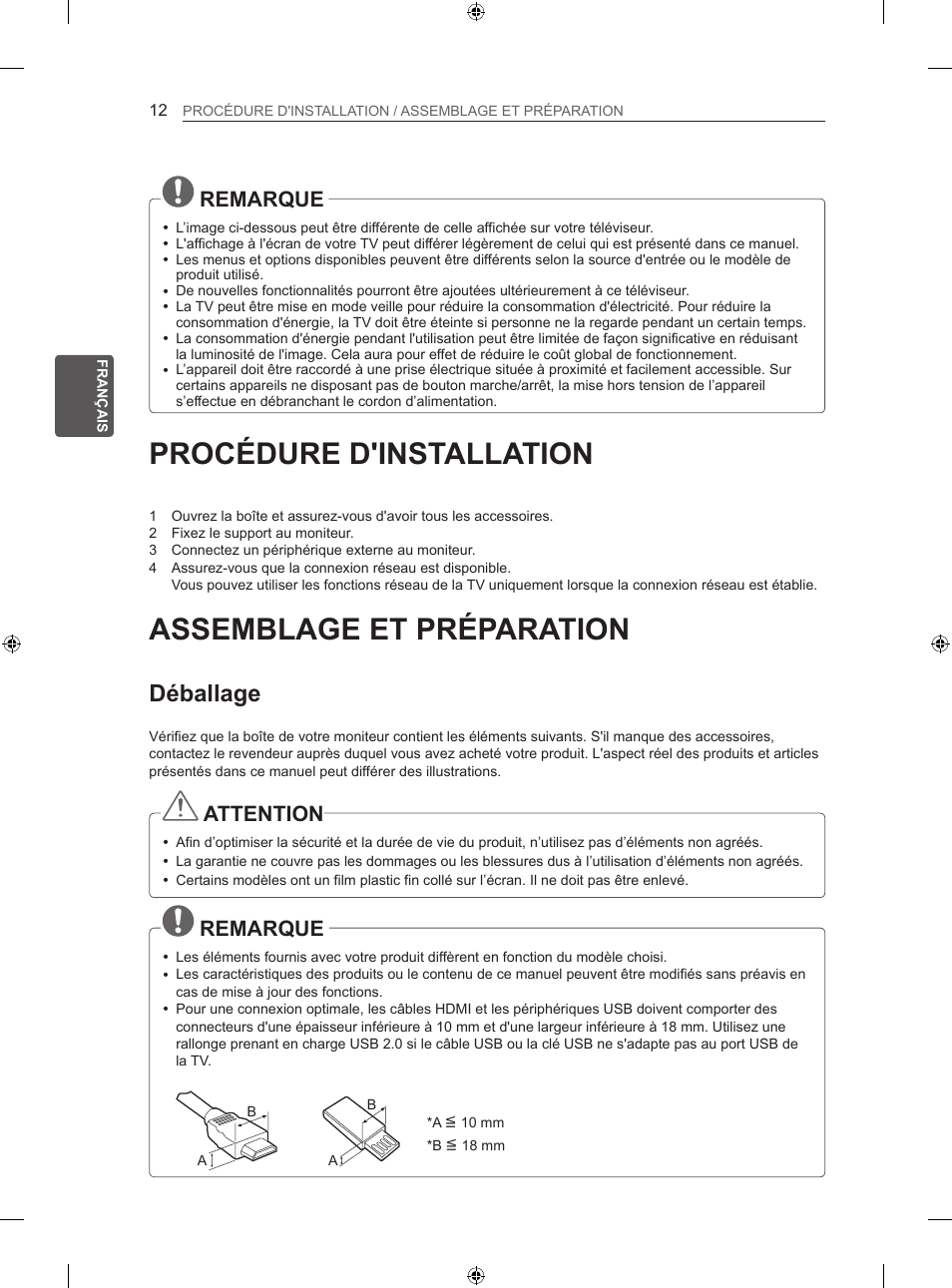 Procédure d'installation, Assemblage et préparation, Déballage | Remarque, Attention | LG 50LN575S User Manual | Page 78 / 328