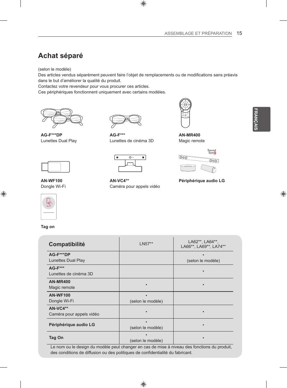 Achat séparé, Compatibilité | LG 50LN575S User Manual | Page 81 / 328