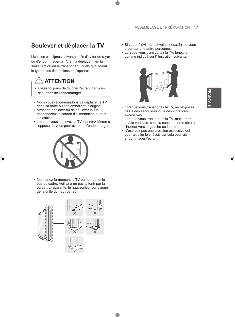 Soulever et déplacer la tv, Attention | LG 50LN575S User Manual | Page 83 / 328