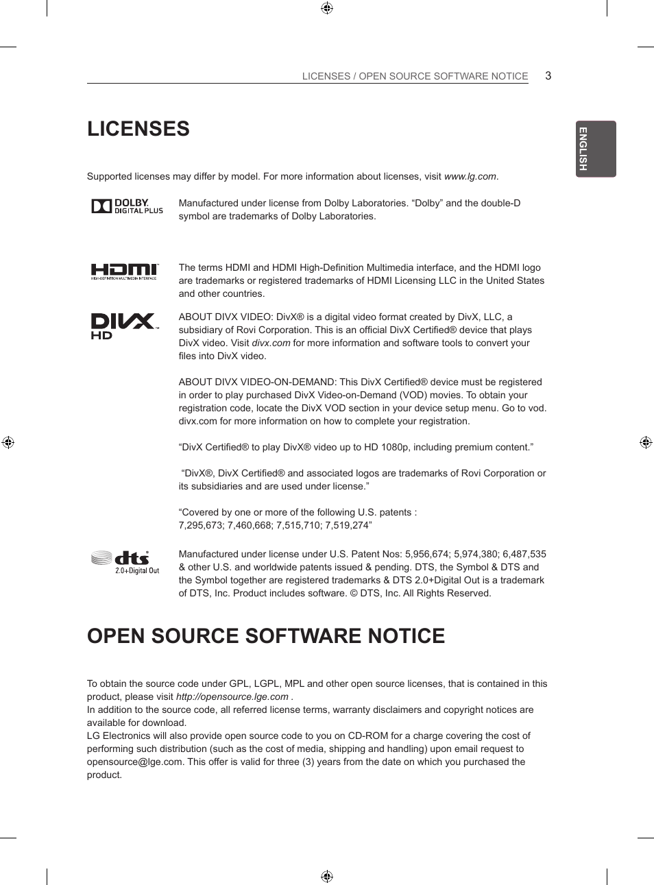 Licenses, Open source software notice | LG 50LN575S User Manual | Page 9 / 328