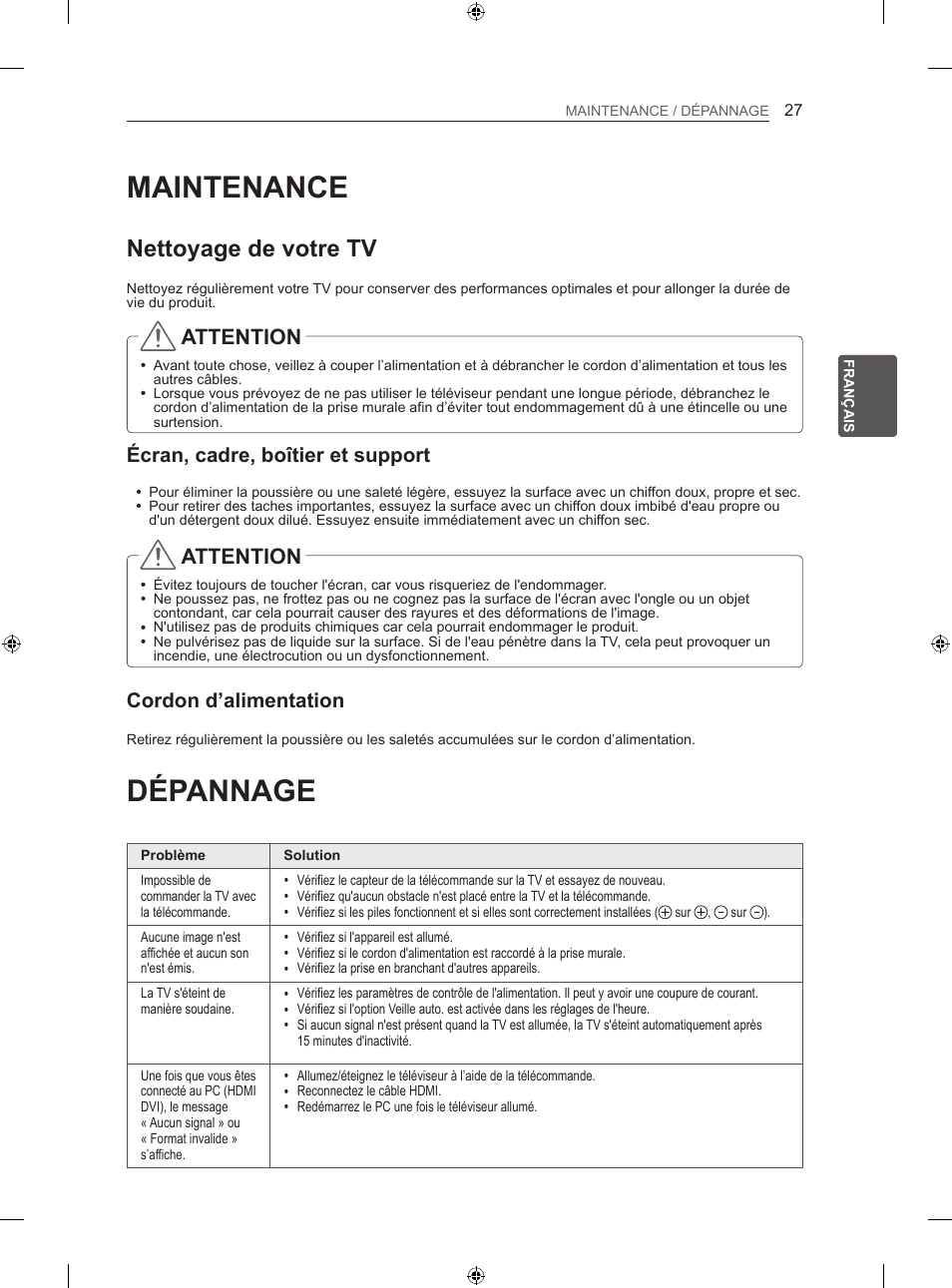 Maintenance, Dépannage, Nettoyage de votre tv | Attention, Écran, cadre, boîtier et support, Cordon d’alimentation | LG 50LN575S User Manual | Page 93 / 328