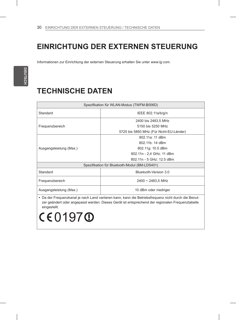 Technische daten, Einrichtung der externen steuerung | LG 55LA965V User Manual | Page 103 / 327