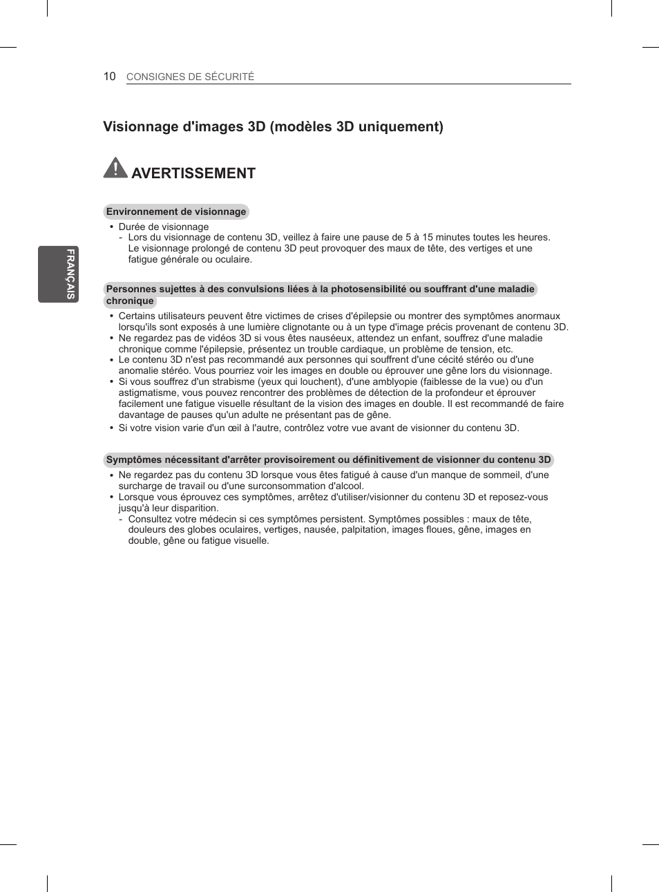 Avertissement, Visionnage d'images 3d (modèles 3d uniquement) | LG 55LA965V User Manual | Page 113 / 327