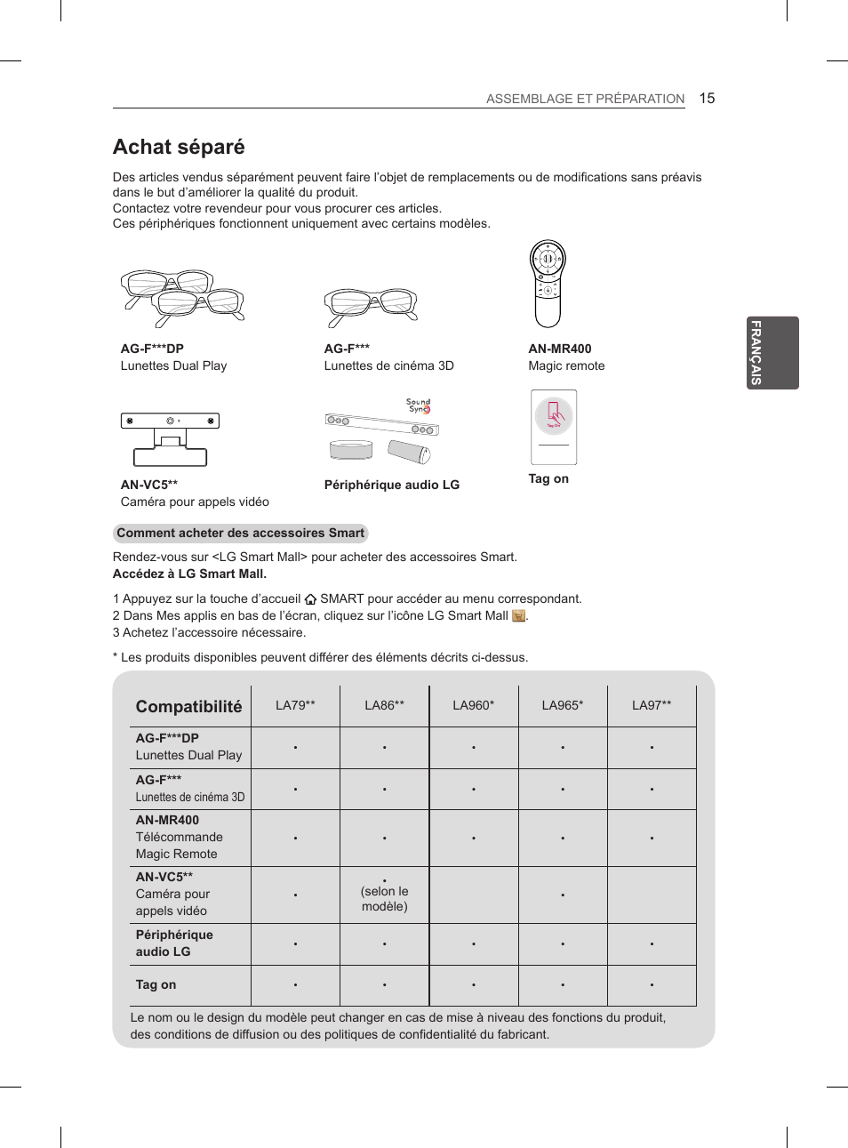 Achat séparé, Compatibilité | LG 55LA965V User Manual | Page 118 / 327