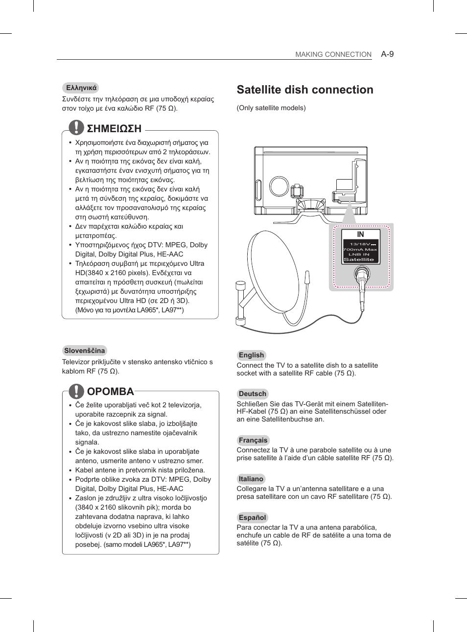 Satellite dish connection, Σημειωση, Opomba | LG 55LA965V User Manual | Page 12 / 327