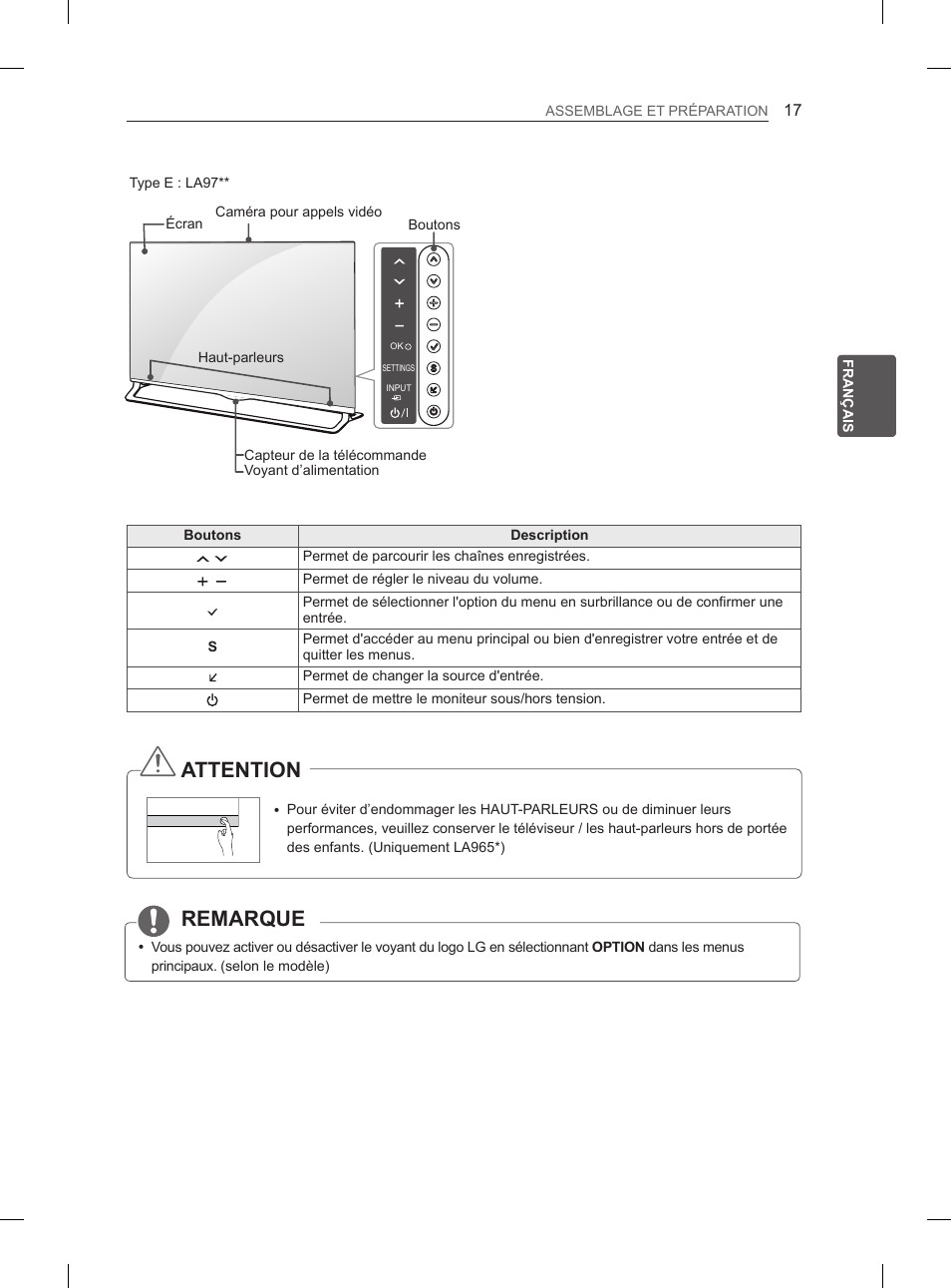 Remarque, Attention | LG 55LA965V User Manual | Page 120 / 327