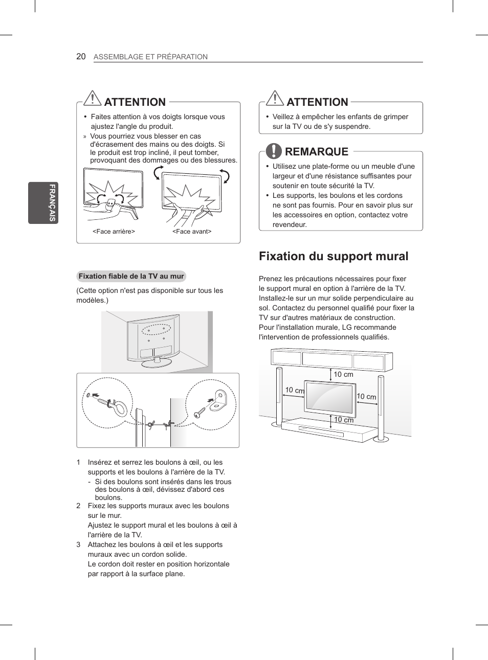 Fixation du support mural, Attention, Remarque | LG 55LA965V User Manual | Page 123 / 327