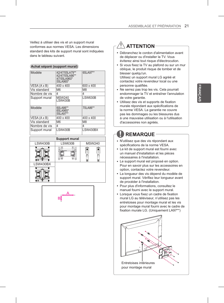 Attention, Remarque | LG 55LA965V User Manual | Page 124 / 327