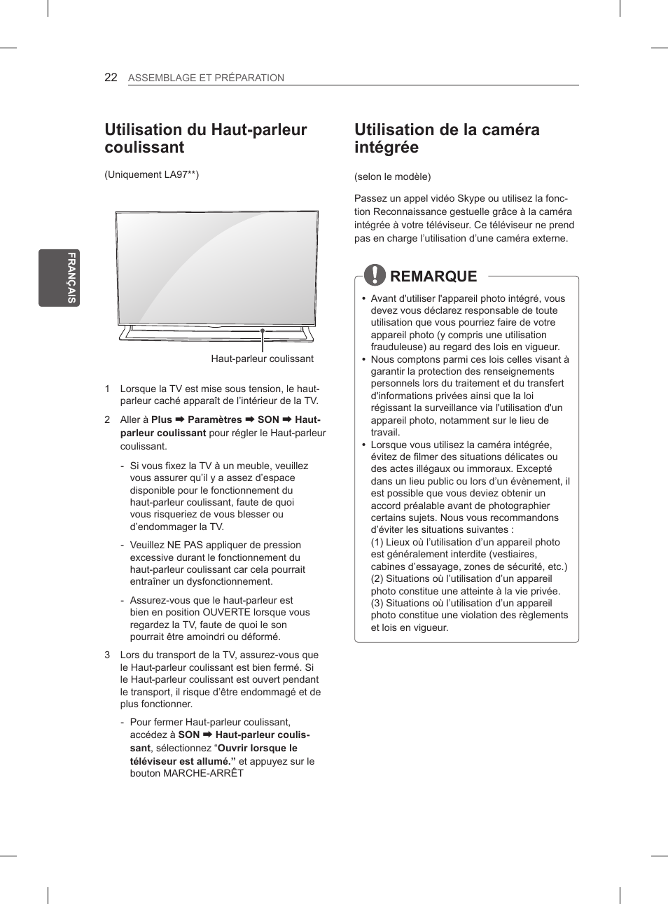 Utilisation de la caméra intégrée, Utilisation du haut-parleur coulissant, Remarque | LG 55LA965V User Manual | Page 125 / 327