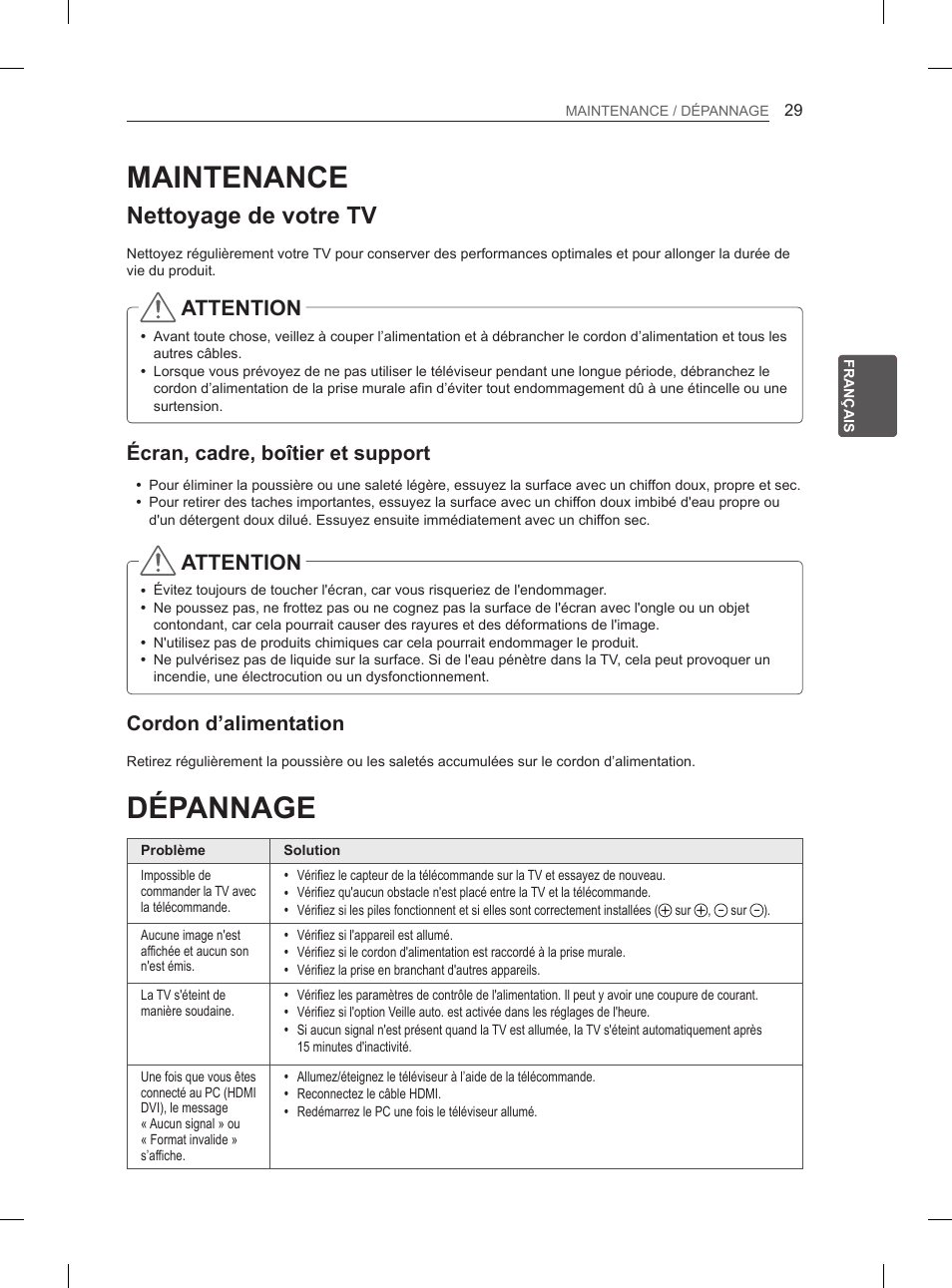 Maintenance, Dépannage, Nettoyage de votre tv | Attention, Écran, cadre, boîtier et support, Cordon d’alimentation | LG 55LA965V User Manual | Page 132 / 327