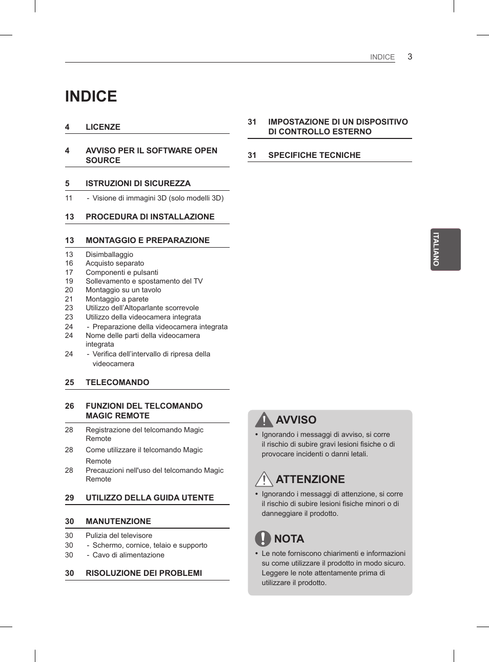 Indice, Avviso, Attenzione | Nota | LG 55LA965V User Manual | Page 136 / 327
