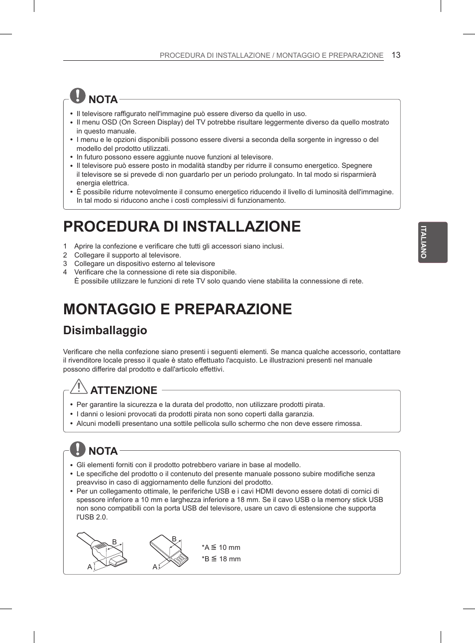 Procedura di installazione, Montaggio e preparazione, Disimballaggio | Nota, Attenzione | LG 55LA965V User Manual | Page 146 / 327