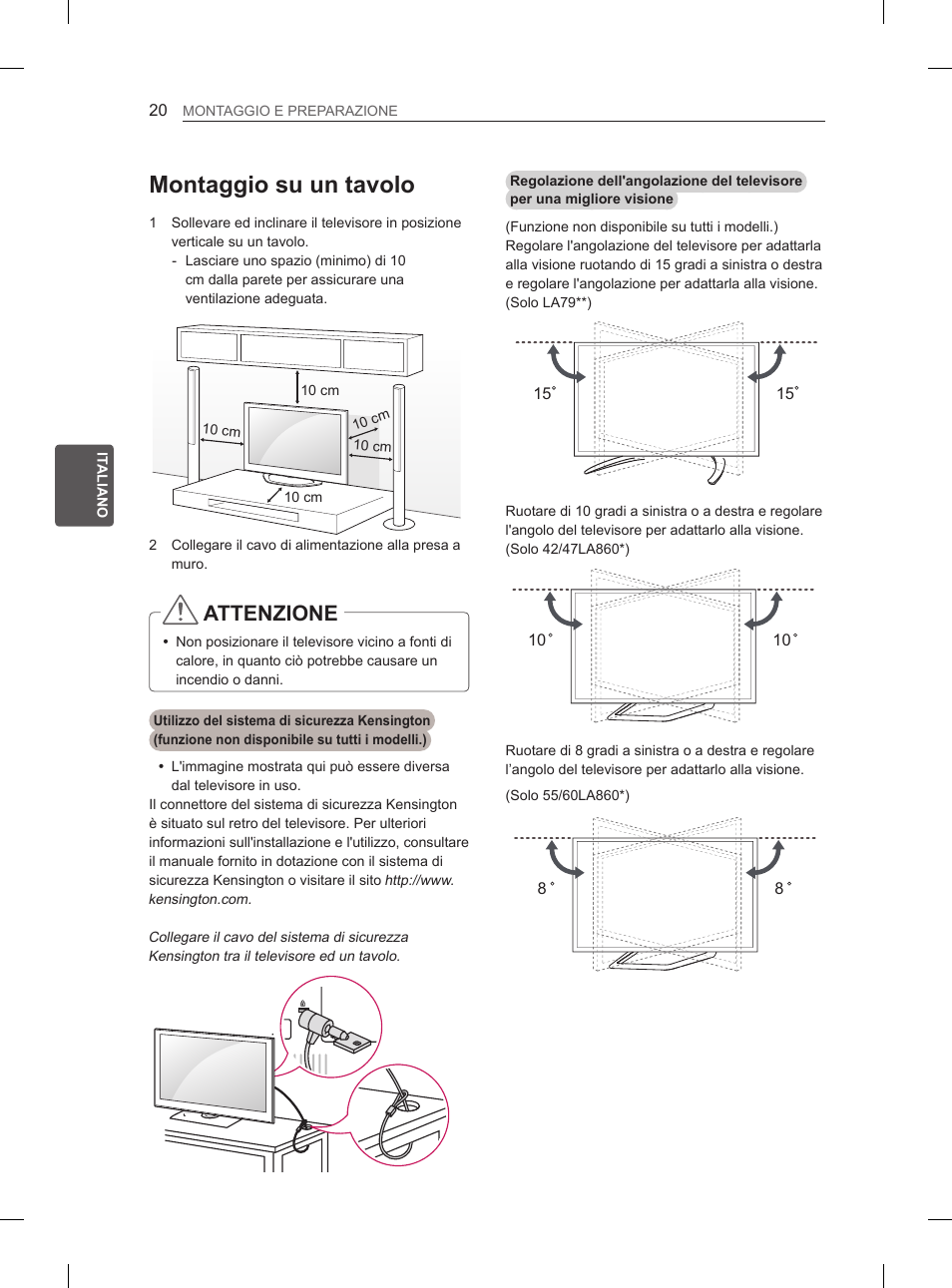 Montaggio su un tavolo, Attenzione | LG 55LA965V User Manual | Page 153 / 327