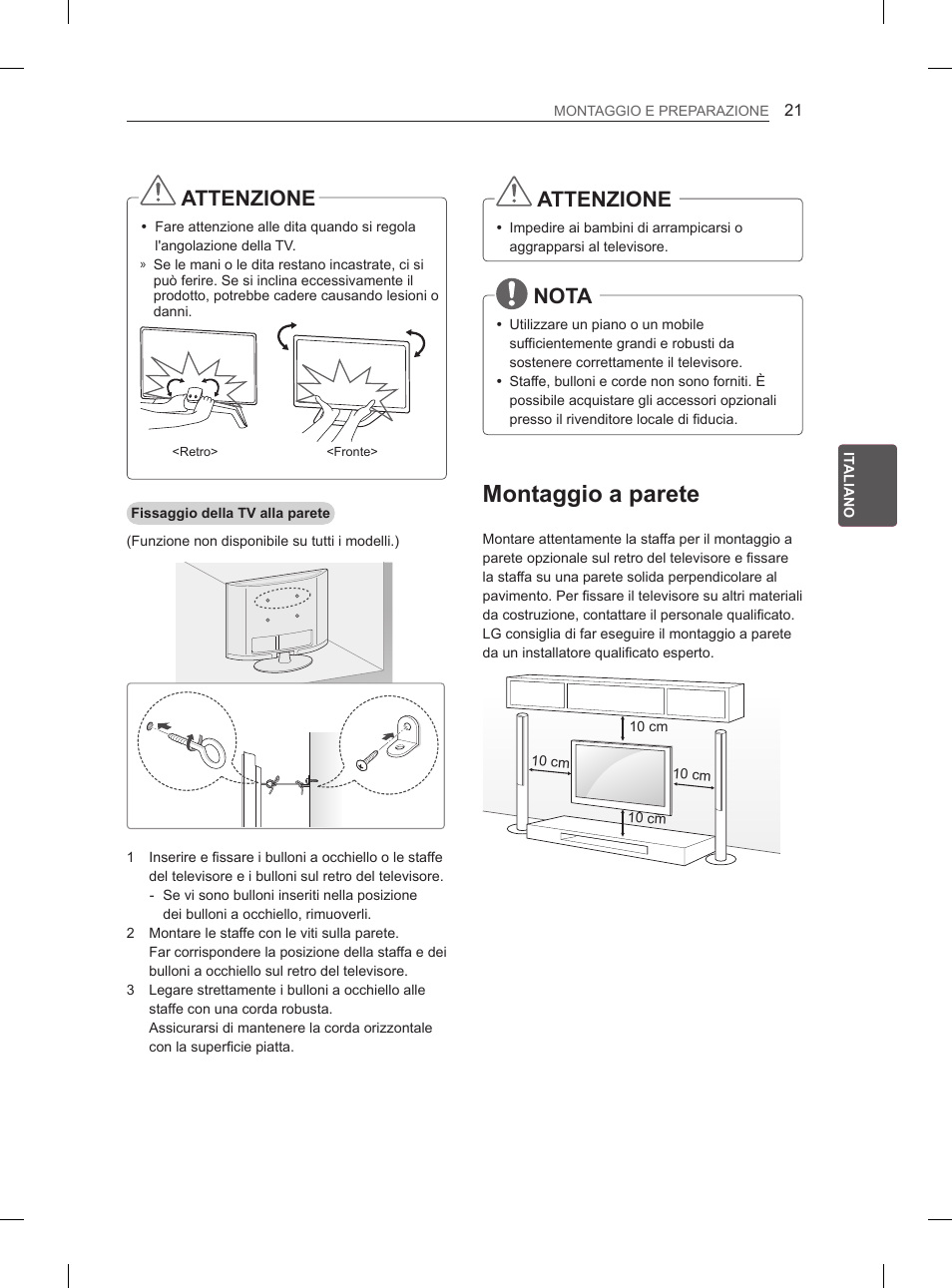 Montaggio a parete, Attenzione, Nota | LG 55LA965V User Manual | Page 154 / 327