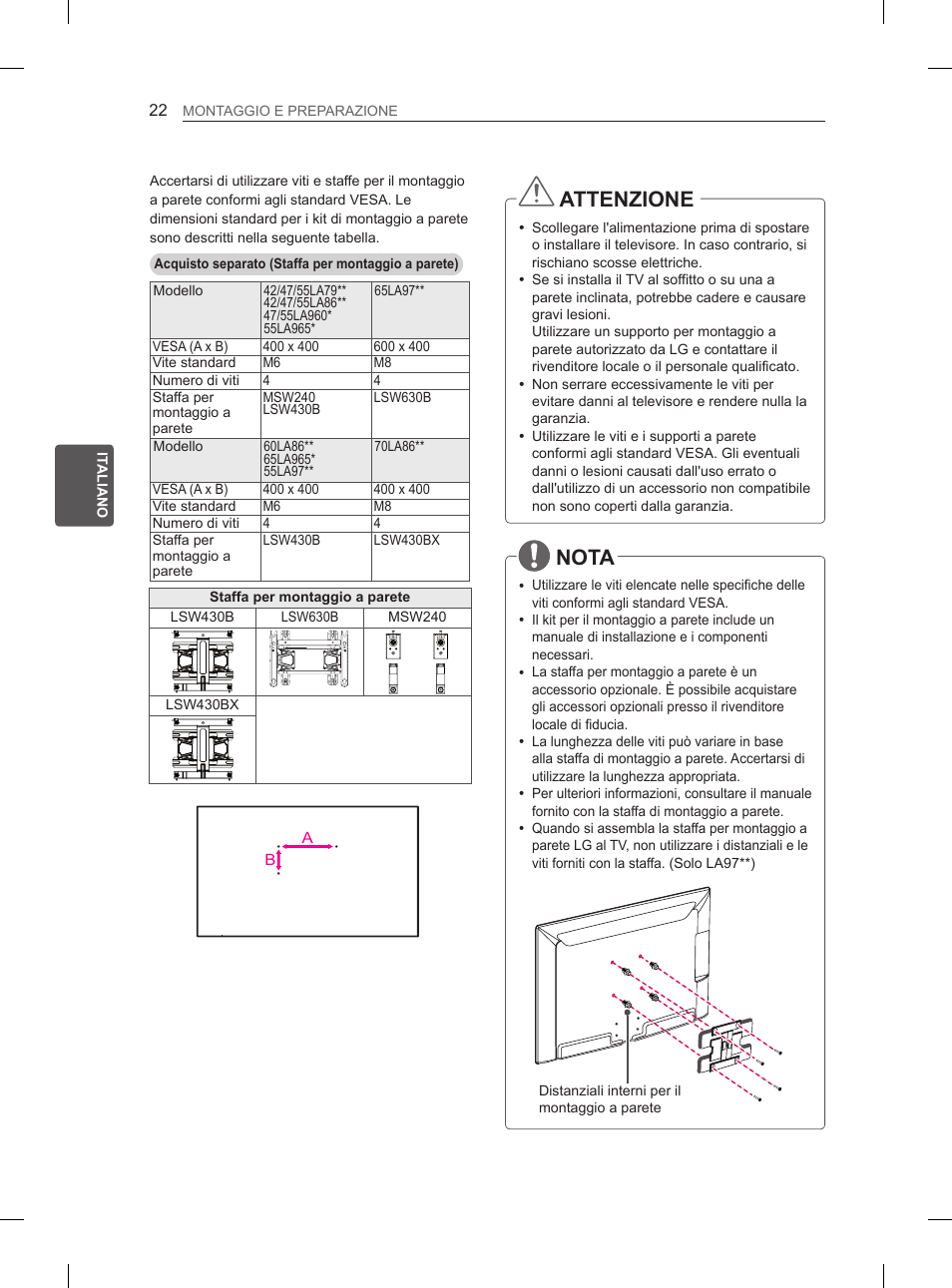 Attenzione, Nota | LG 55LA965V User Manual | Page 155 / 327