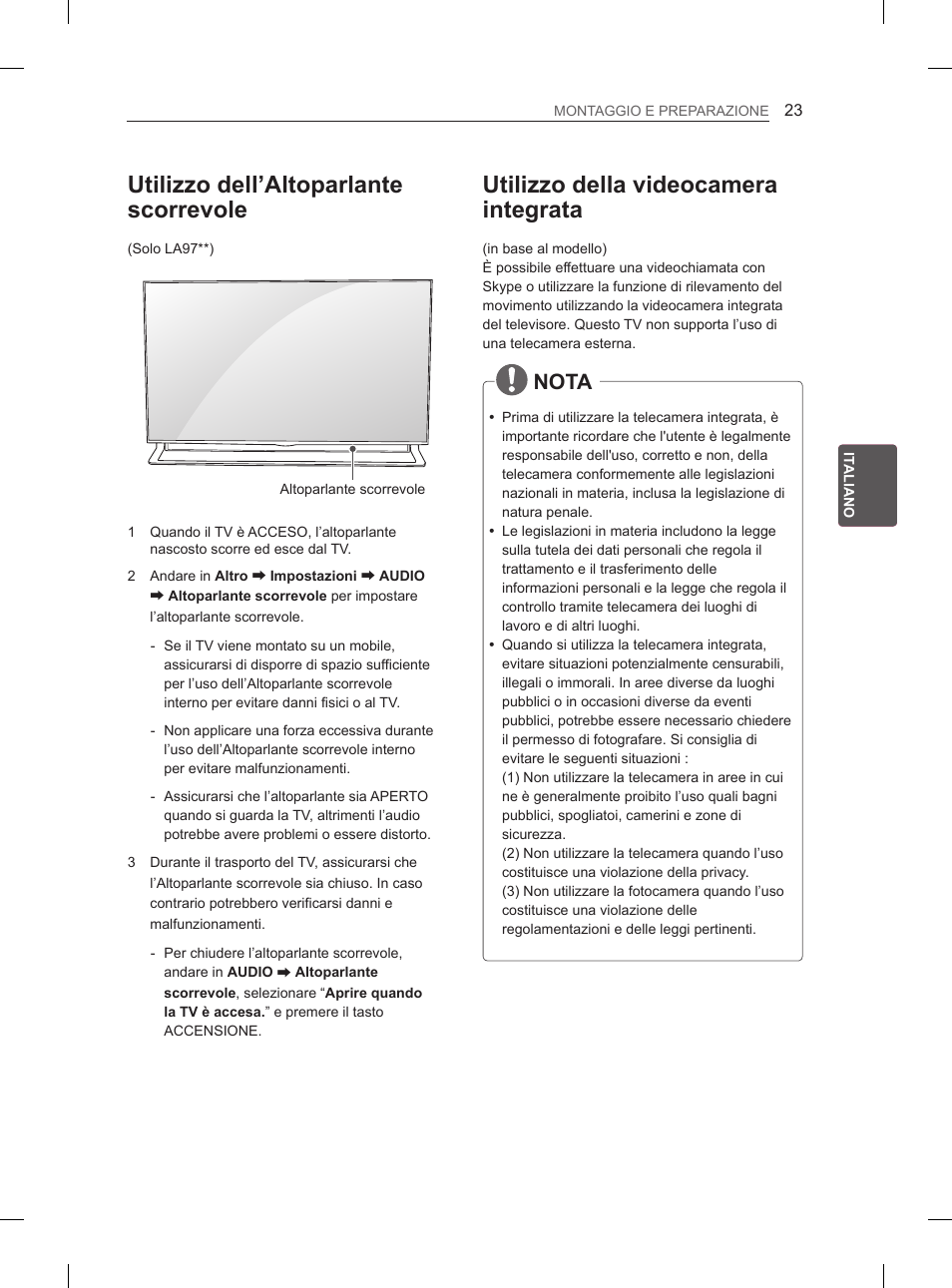 Utilizzo dell’altoparlante scorrevole, Utilizzo della videocamera integrata, Nota | LG 55LA965V User Manual | Page 156 / 327