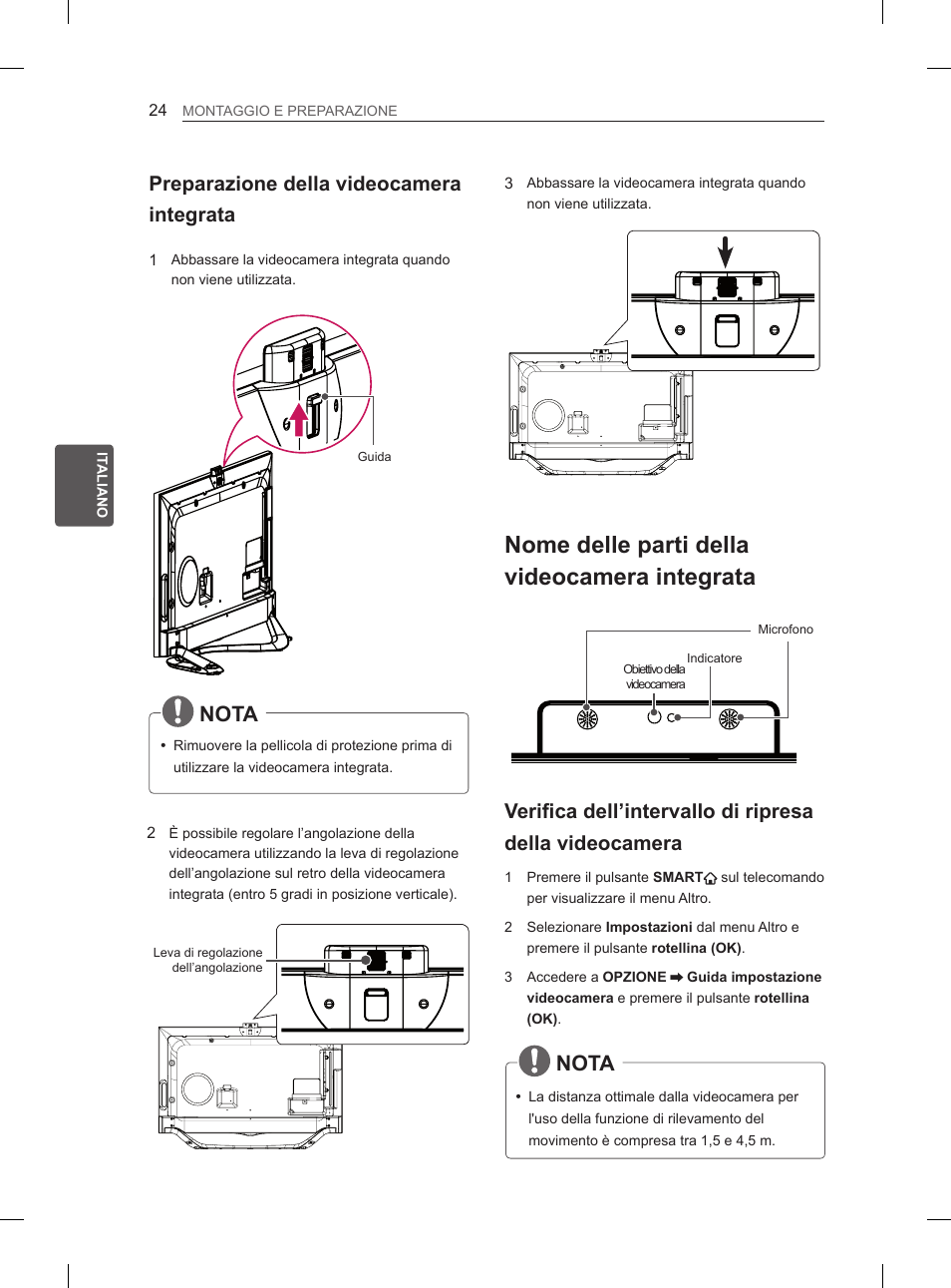 Nome delle parti della videocamera integrata, Nota, Preparazione della videocamera integrata | LG 55LA965V User Manual | Page 157 / 327