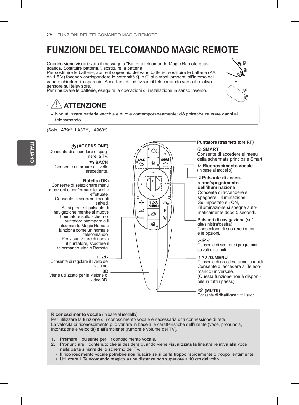 Funzioni del telcomando magic remote, Attenzione | LG 55LA965V User Manual | Page 159 / 327
