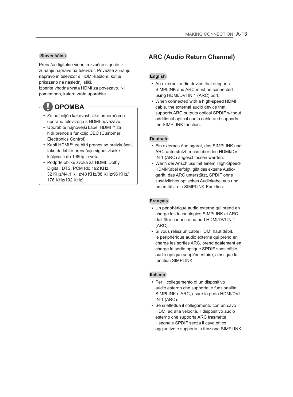 Opomba, Arc (audio return channel) | LG 55LA965V User Manual | Page 16 / 327