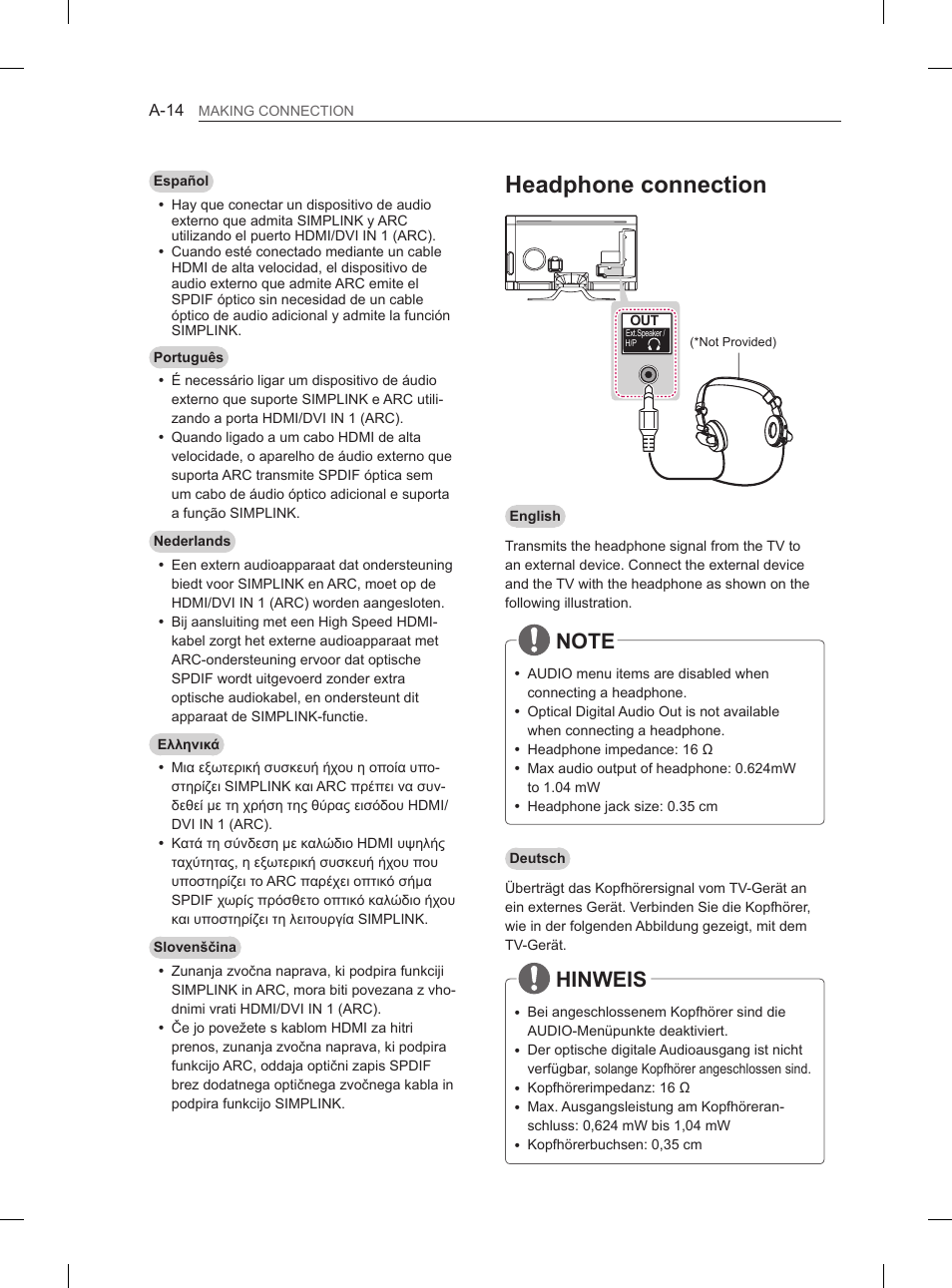 Headphone connection, Hinweis | LG 55LA965V User Manual | Page 17 / 327