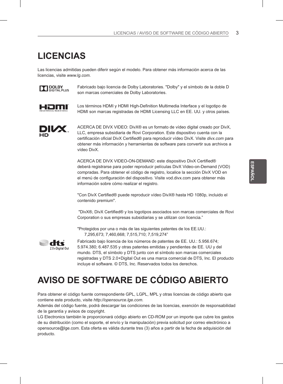 Licencias, Aviso de software de código abierto | LG 55LA965V User Manual | Page 172 / 327