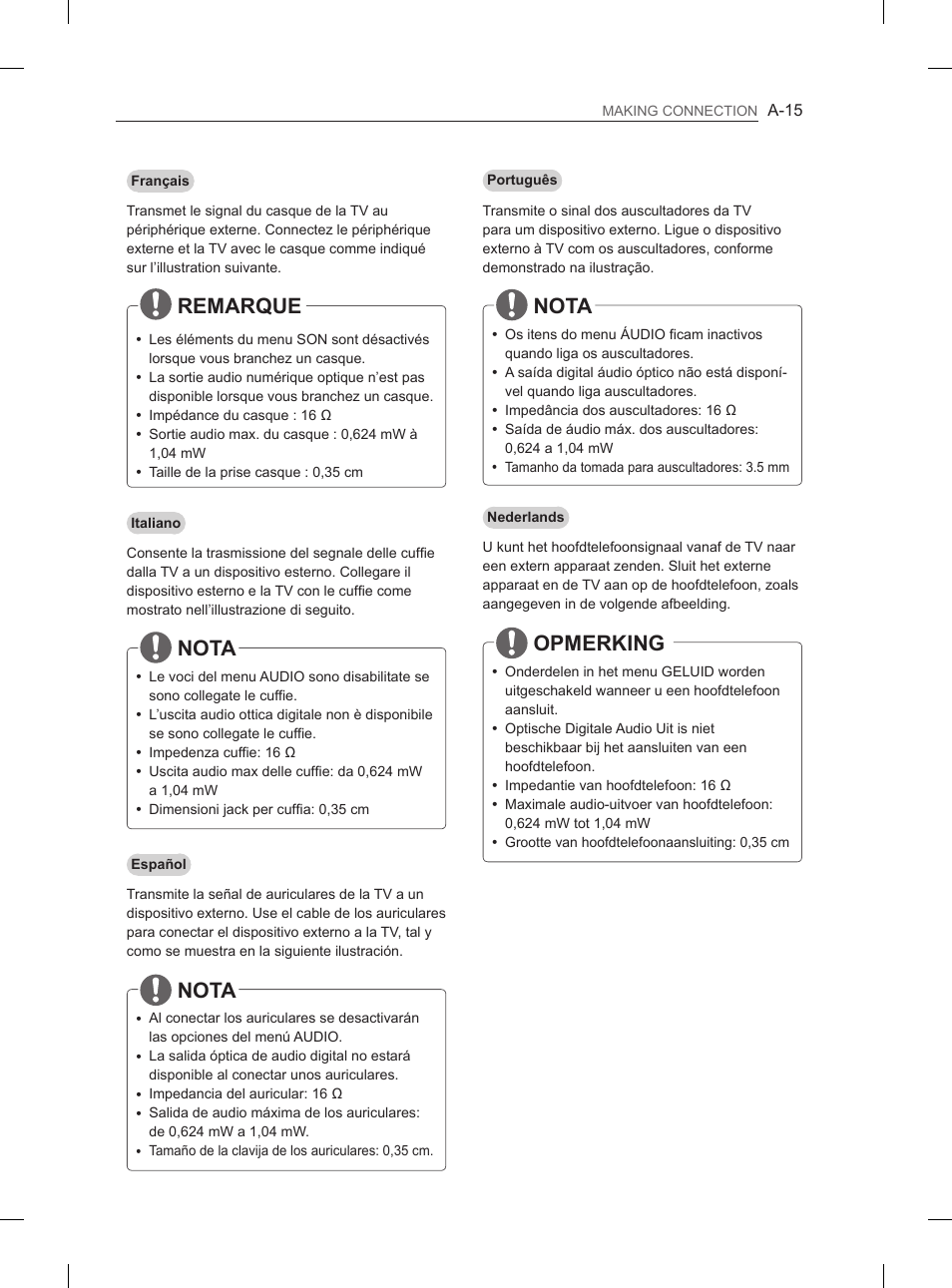 Remarque, Nota, Opmerking | LG 55LA965V User Manual | Page 18 / 327