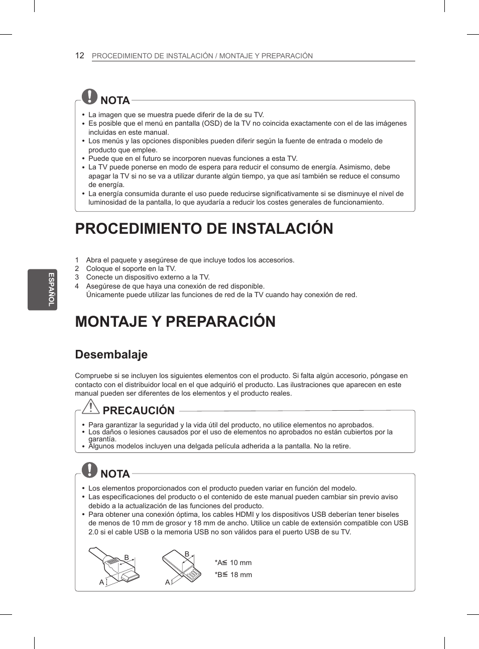 Procedimiento de instalación, Montaje y preparación, Desembalaje | Nota, Precaución | LG 55LA965V User Manual | Page 181 / 327