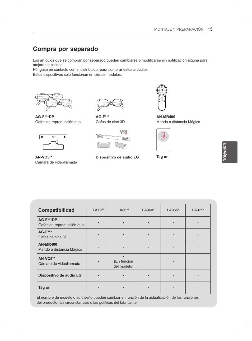 Compra por separado, Compatibilidad | LG 55LA965V User Manual | Page 184 / 327