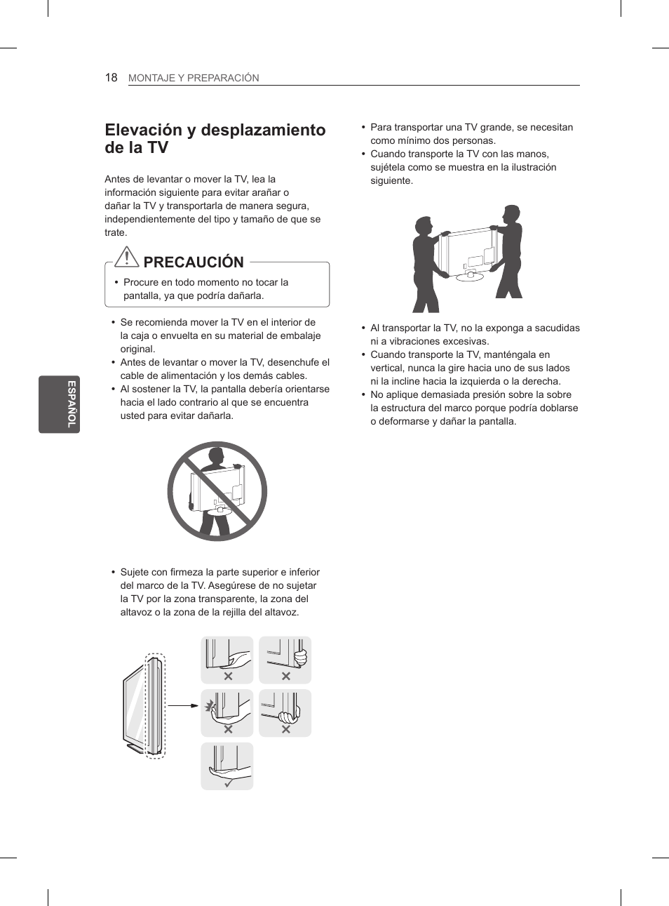 Elevación y desplazamiento de la tv, Precaución | LG 55LA965V User Manual | Page 187 / 327