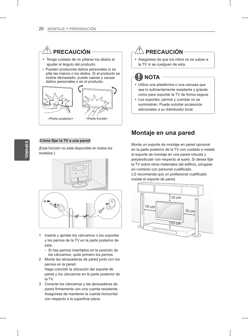 Montaje en una pared, Precaución, Nota | LG 55LA965V User Manual | Page 189 / 327