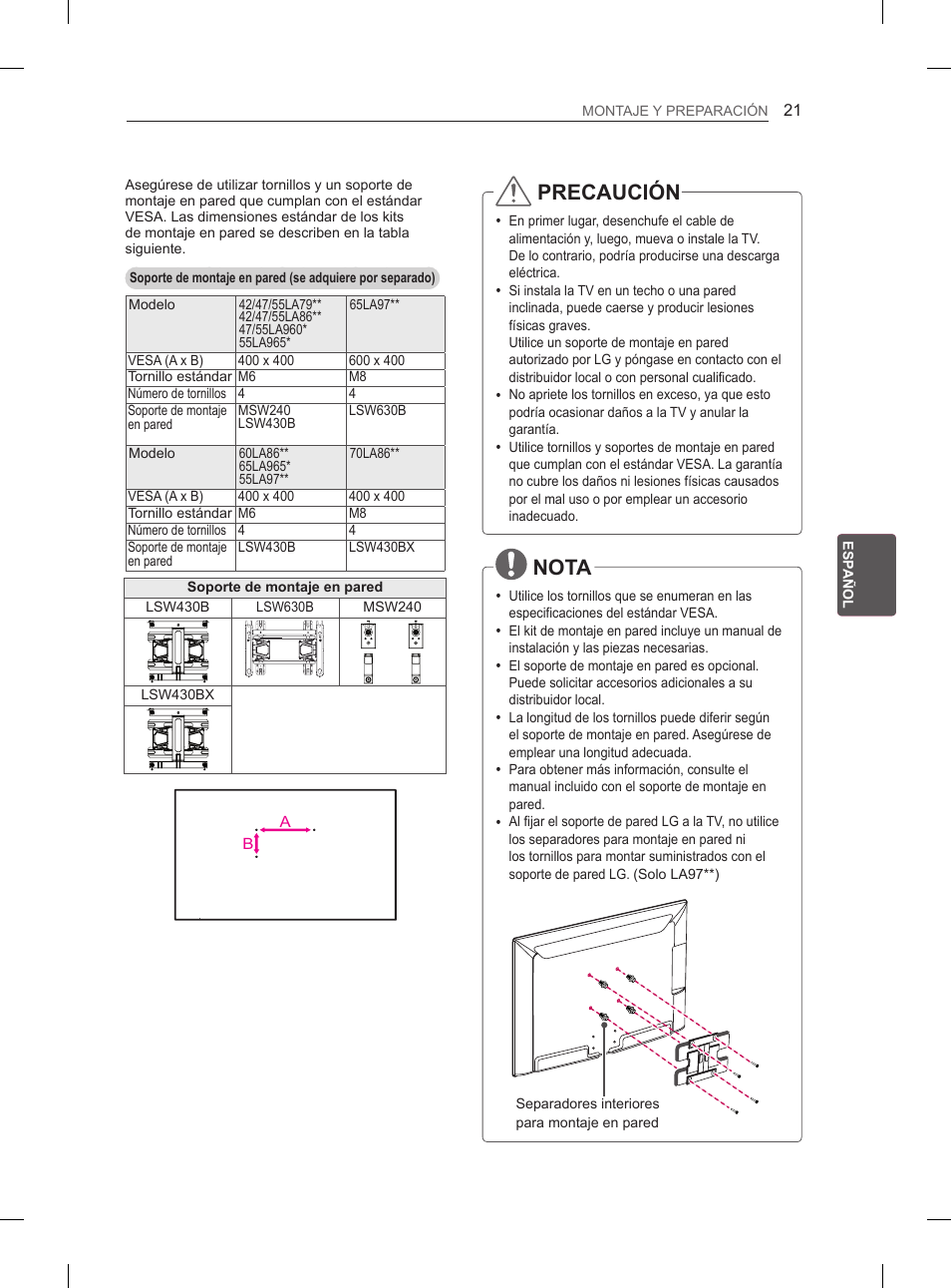 Precaución, Nota | LG 55LA965V User Manual | Page 190 / 327