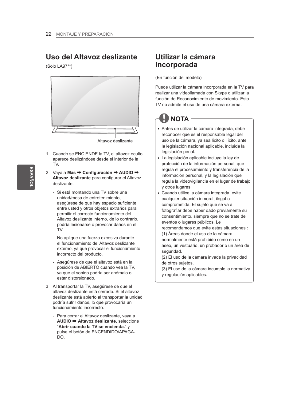 Utilizar la cámara incorporada, Uso del altavoz deslizante, Nota | LG 55LA965V User Manual | Page 191 / 327