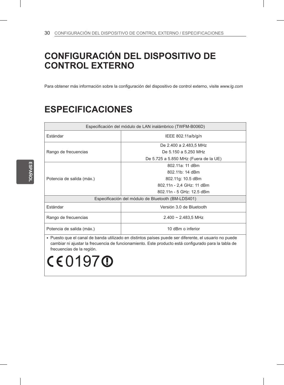 Especificaciones, Configuración del dispositivo de control externo | LG 55LA965V User Manual | Page 199 / 327