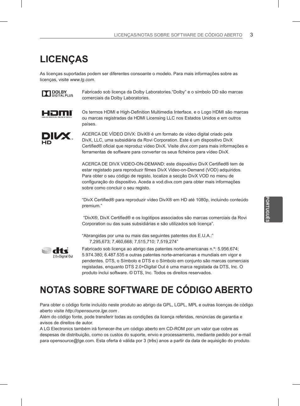 Licenças, Notas sobre software de código aberto | LG 55LA965V User Manual | Page 202 / 327