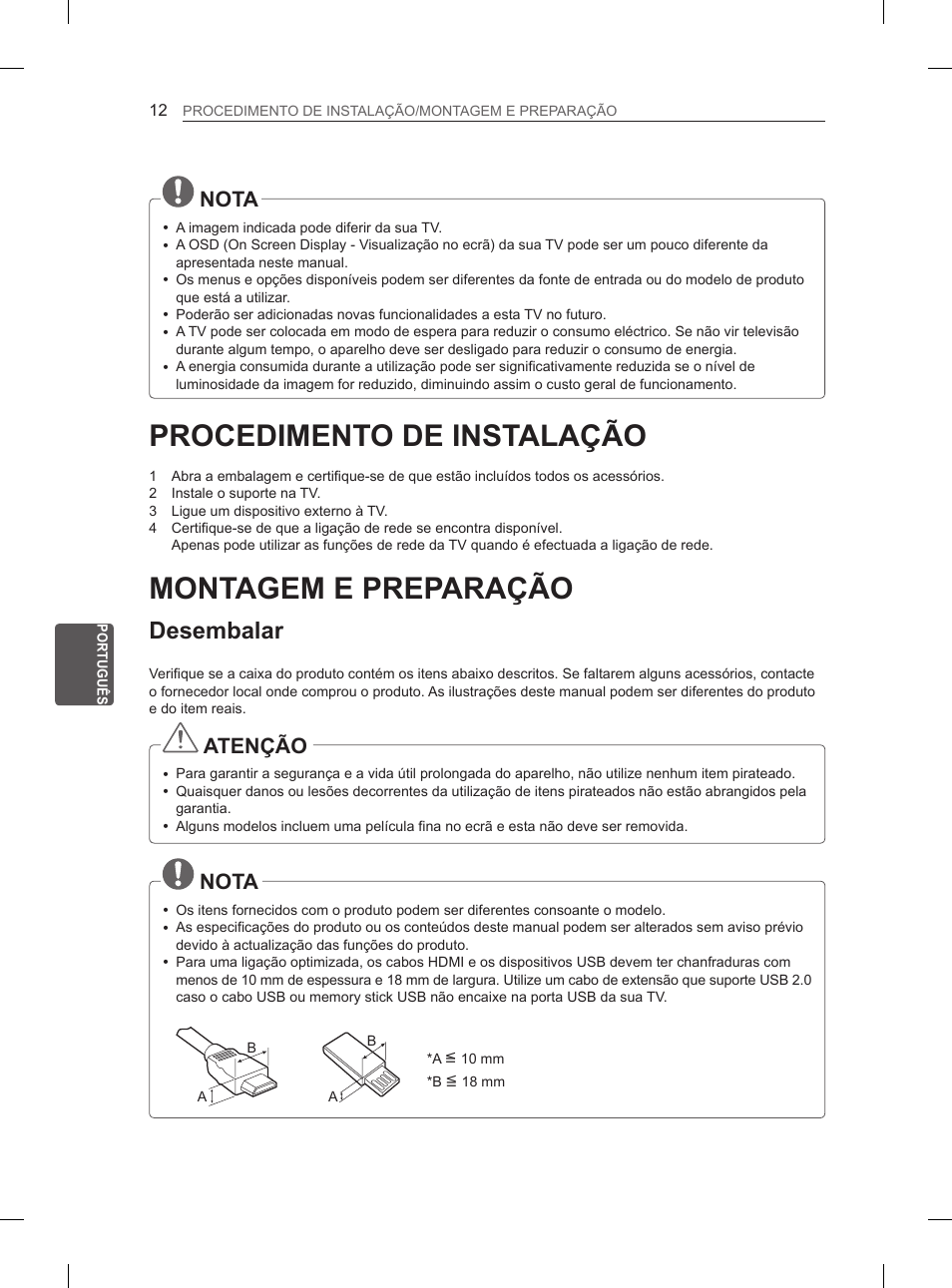 Procedimento de instalação, Montagem e preparação, Desembalar | Nota, Atenção | LG 55LA965V User Manual | Page 211 / 327