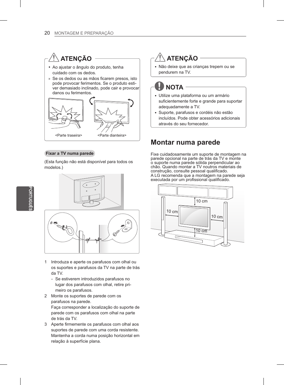 Montar numa parede, Atenção, Nota | LG 55LA965V User Manual | Page 219 / 327
