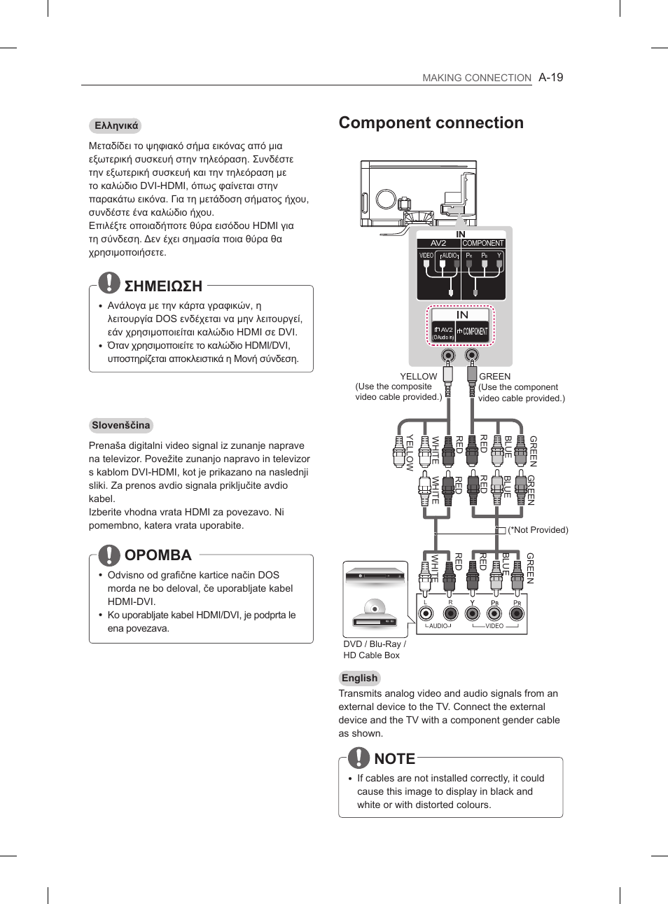 Component connection, Σημειωση, Opomba | LG 55LA965V User Manual | Page 22 / 327