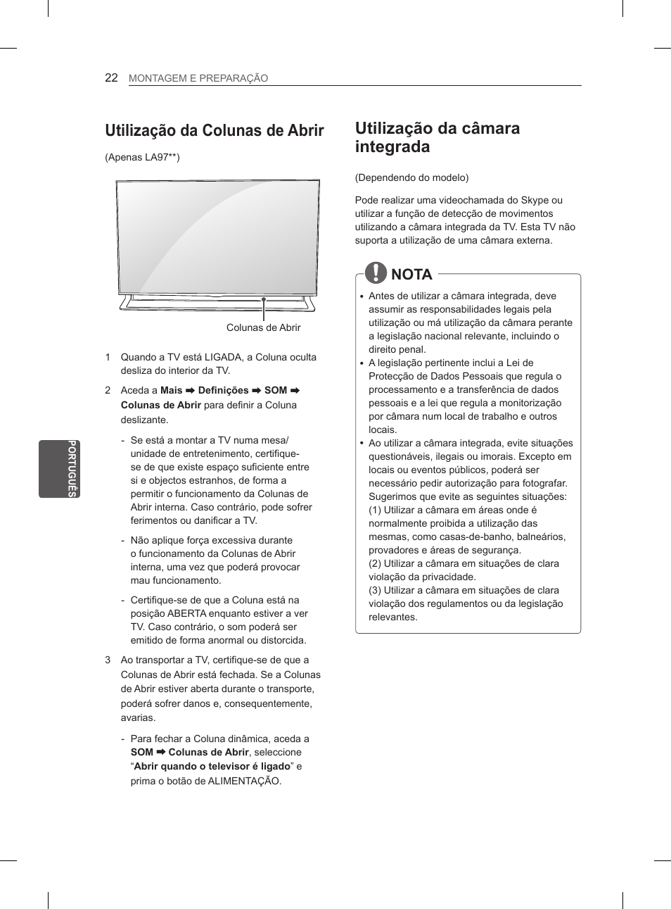 Utilização da câmara integrada, Utilização da colunas de abrir, Nota | LG 55LA965V User Manual | Page 221 / 327