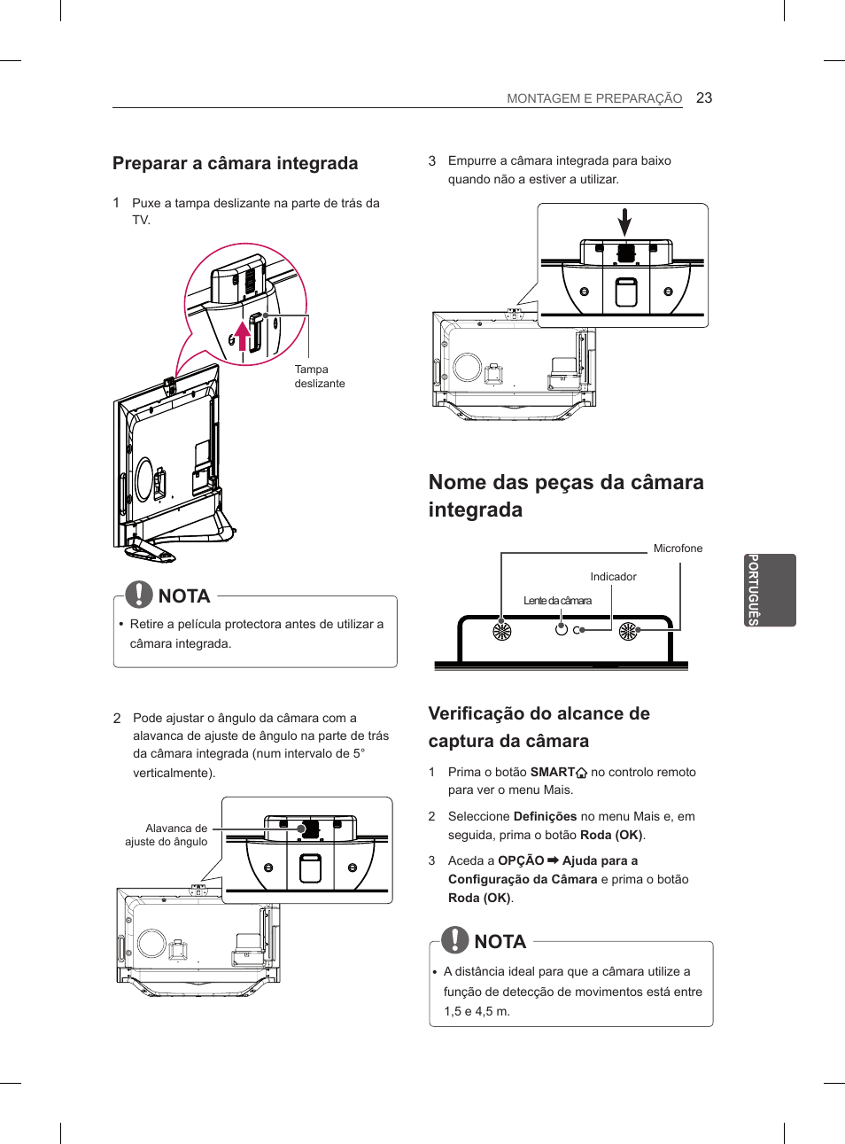 Nome das peças da câmara integrada, Nota, Preparar a câmara integrada | Verificação do alcance de captura da câmara | LG 55LA965V User Manual | Page 222 / 327