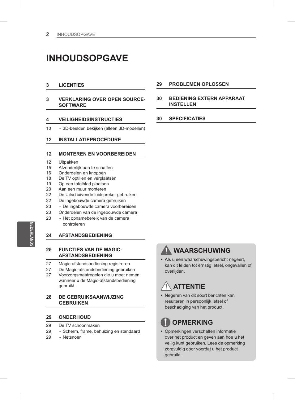 Inhoudsopgave, Waarschuwing, Attentie | Opmerking | LG 55LA965V User Manual | Page 231 / 327