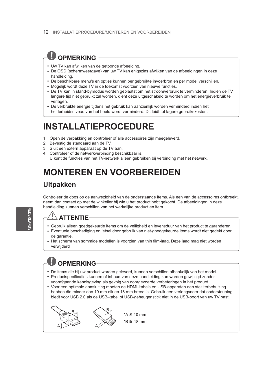 Installatieprocedure, Monteren en voorbereiden, Uitpakken | Opmerking, Attentie | LG 55LA965V User Manual | Page 241 / 327