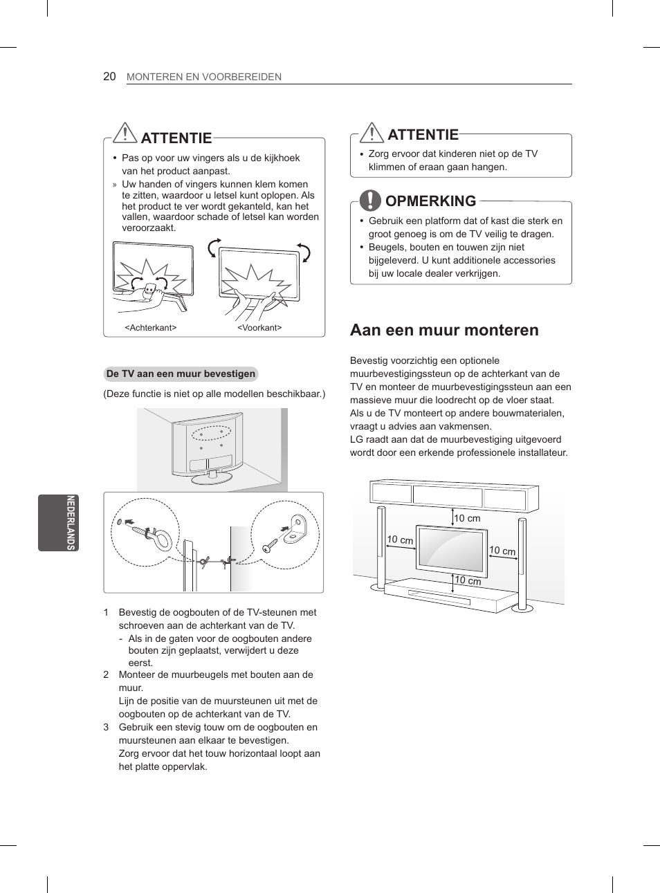 Aan een muur monteren, Attentie, Opmerking | LG 55LA965V User Manual | Page 249 / 327