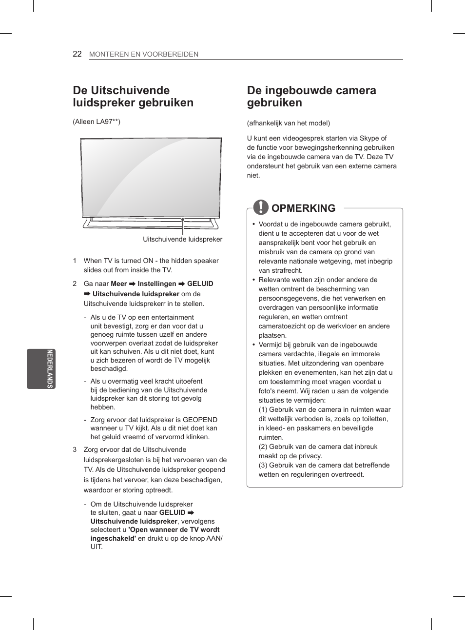 De ingebouwde camera gebruiken, De uitschuivende luidspreker gebruiken, Opmerking | LG 55LA965V User Manual | Page 251 / 327